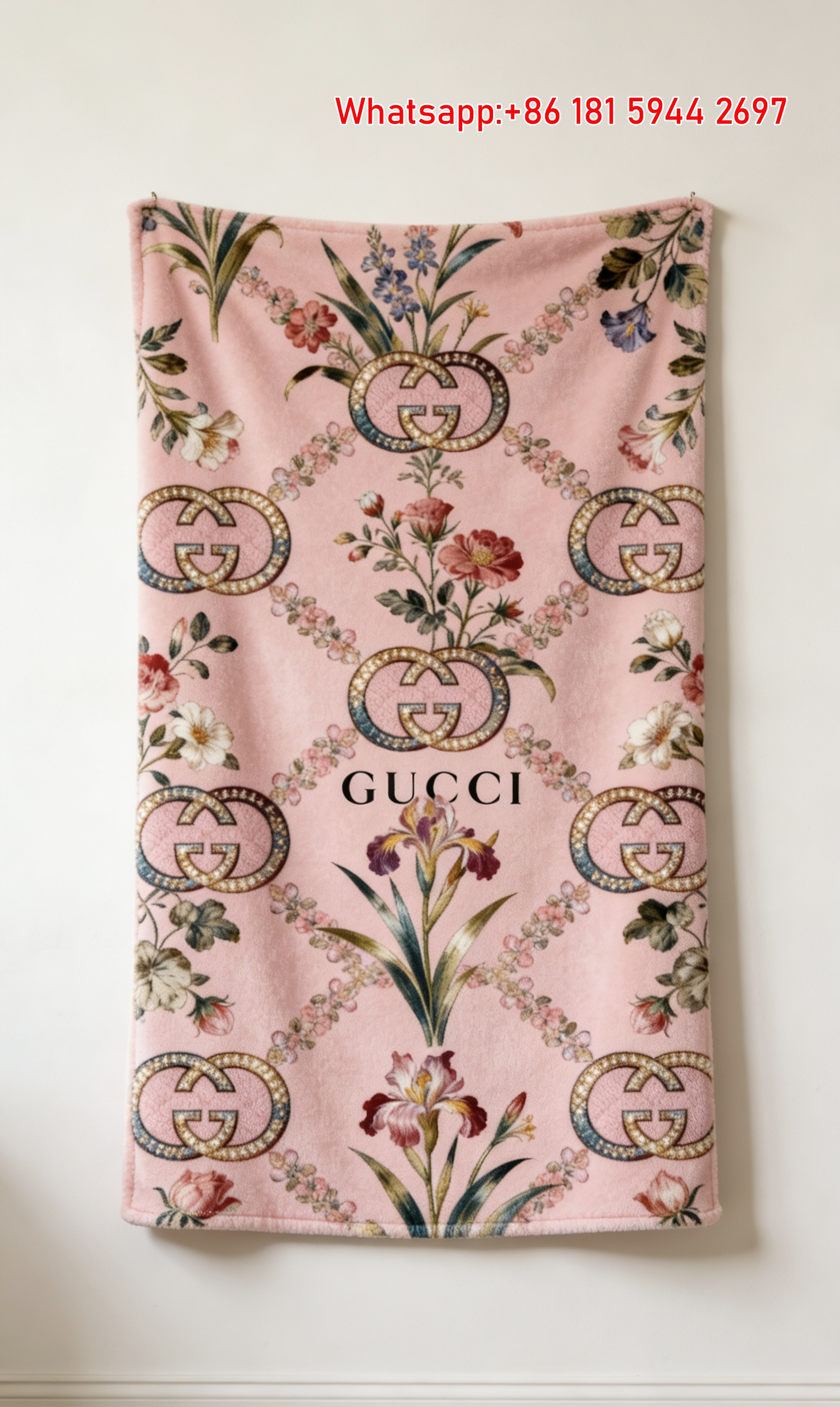 Gucci Pink Floral GG Logo Flannel Sofa Throw Blanket IMG_4751